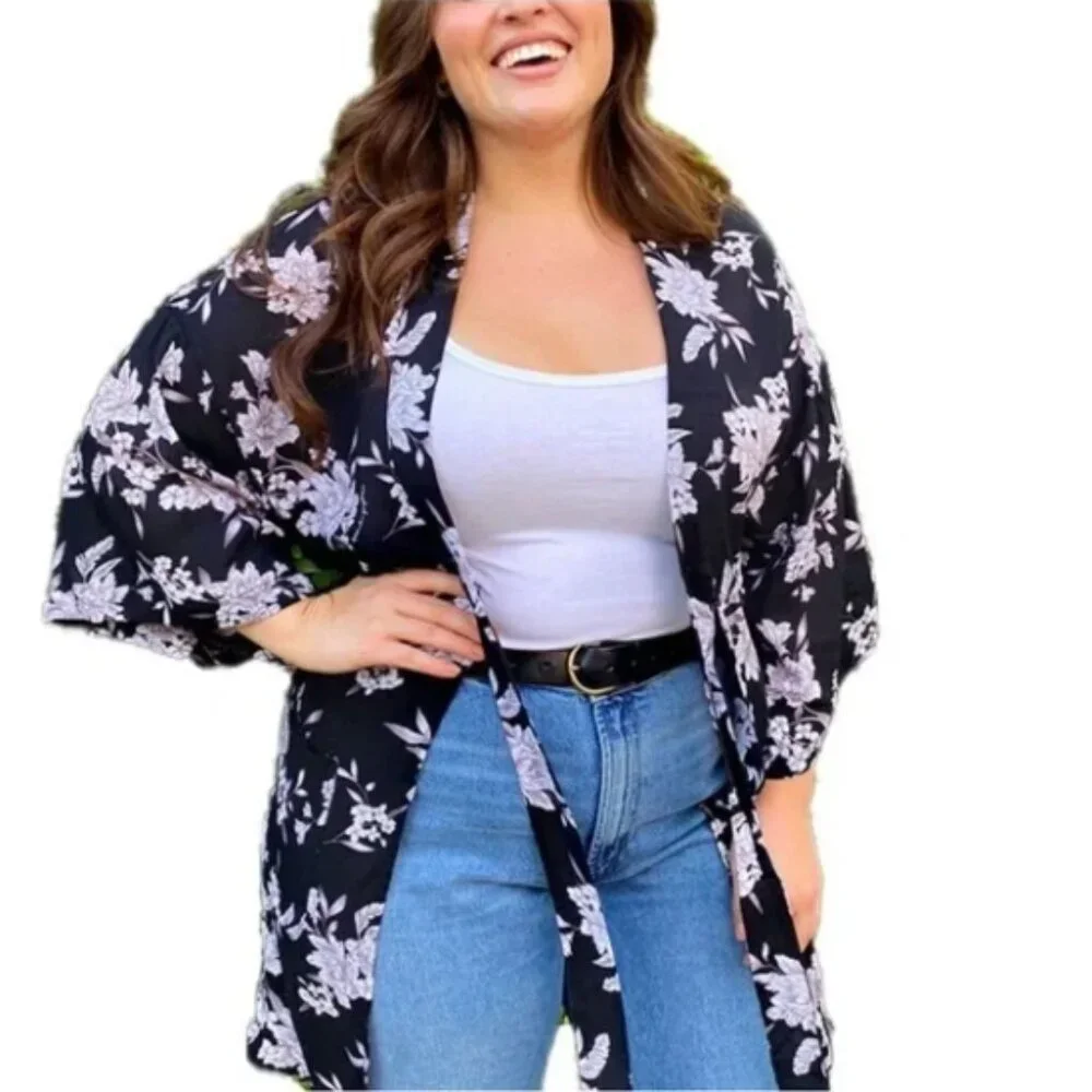 Spiritual Gangster Maya Kimono Black Floral Cardigan Duster OS Boho Beach Cover - Picture 2 of 10